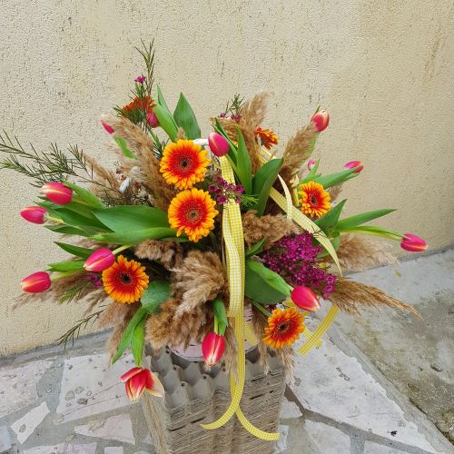 Basket of Tulips and Pampas