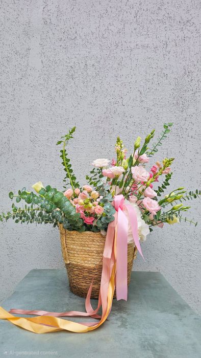 Basket with flowers, wine and treats