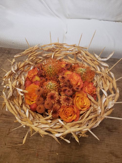 Autumn arrangement with bean pods